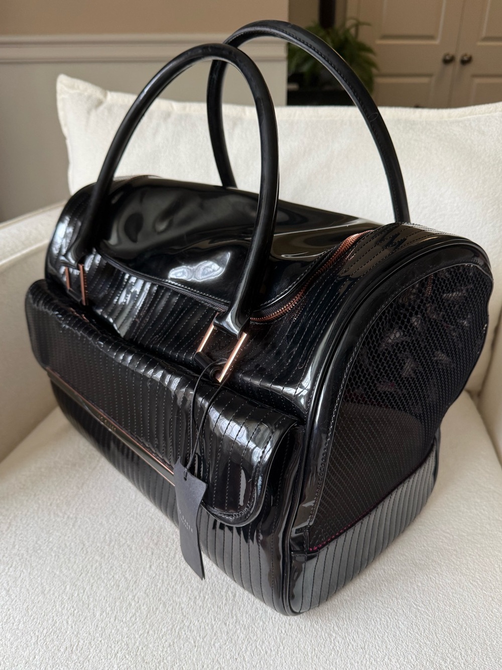 Ted Baker Black Patent Pet Carrier with Rose-Gold Hardware